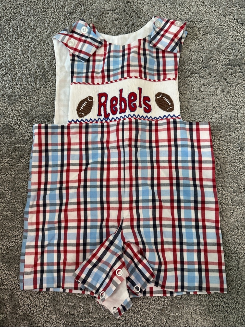 Plaid 'Rebels' Football Smocked Shortall - Red, Blue, White